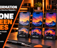 Four iPhones illustrating Incell LCD, Hard OLED, Soft OLED and OEM replacement screen types.